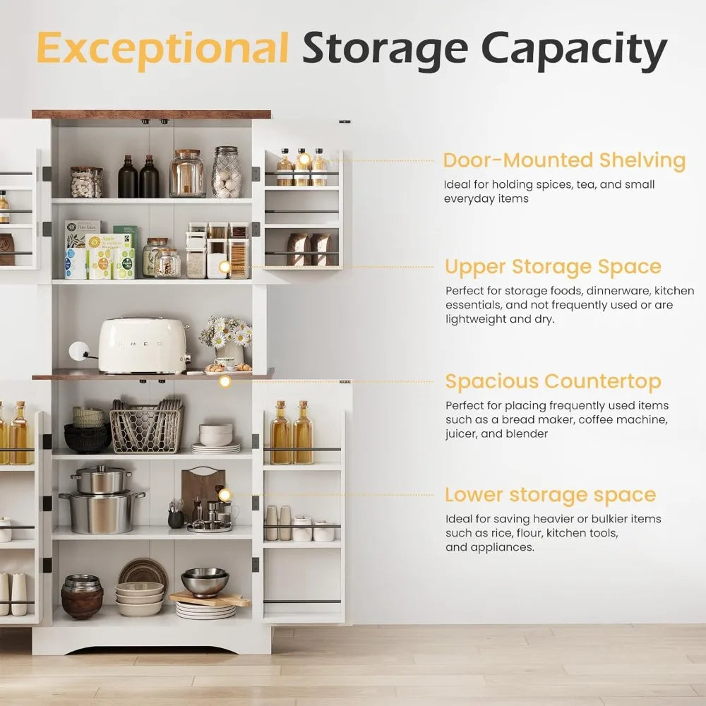 72" Kitchen Pantry, Farmhouse Cabinets with Barn Doors & Storage Shelves, Pantry Storage Cabinet- Coffee Bar