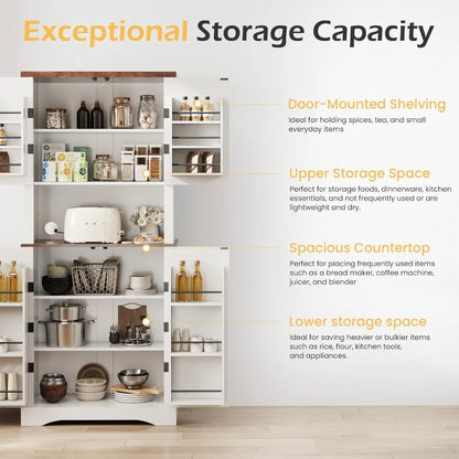 72" Kitchen Pantry, Farmhouse Cabinets with Barn Doors & Storage Shelves, Pantry Storage Cabinet- Coffee Bar