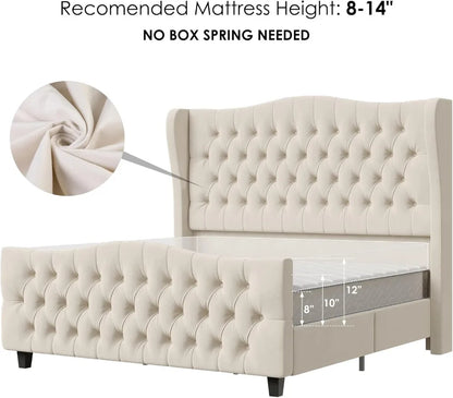 Full Size Platform Bed Frame with Tufted Wingback Headboard, Velvet Upholstered, No Box Spring Needed