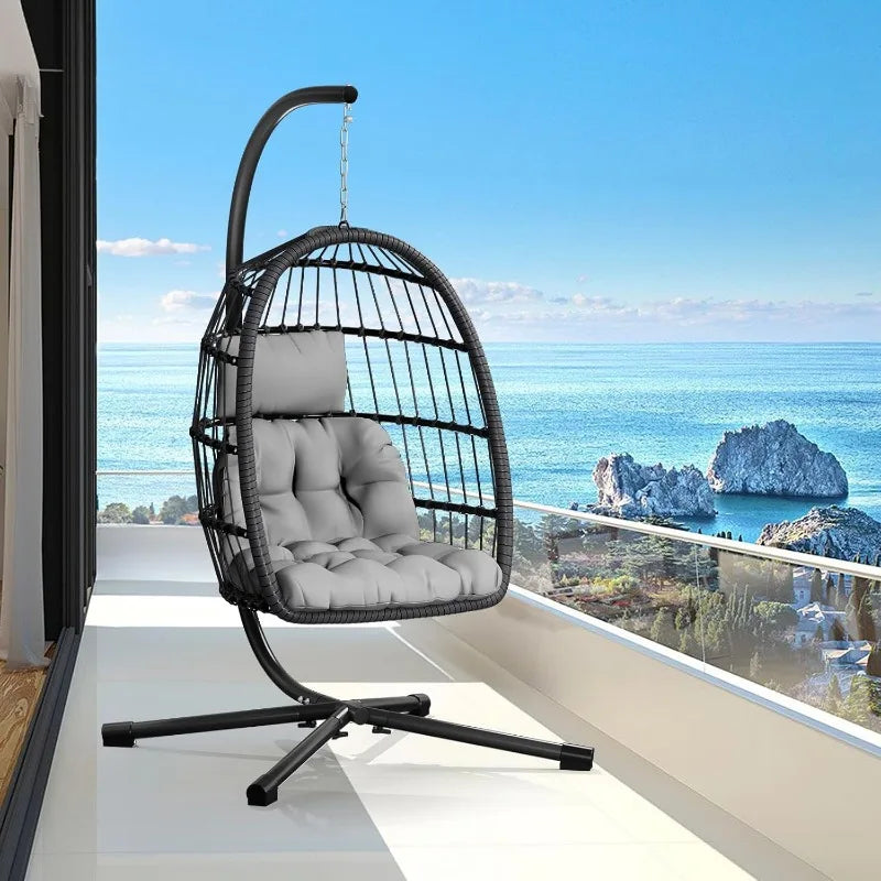 Egg Chair with Stand, Patio Rattan, Wicker, Hanging, Swing, Hammock Chair for Bedroom, Porch, Garden, Thickened Aluminum Alloy