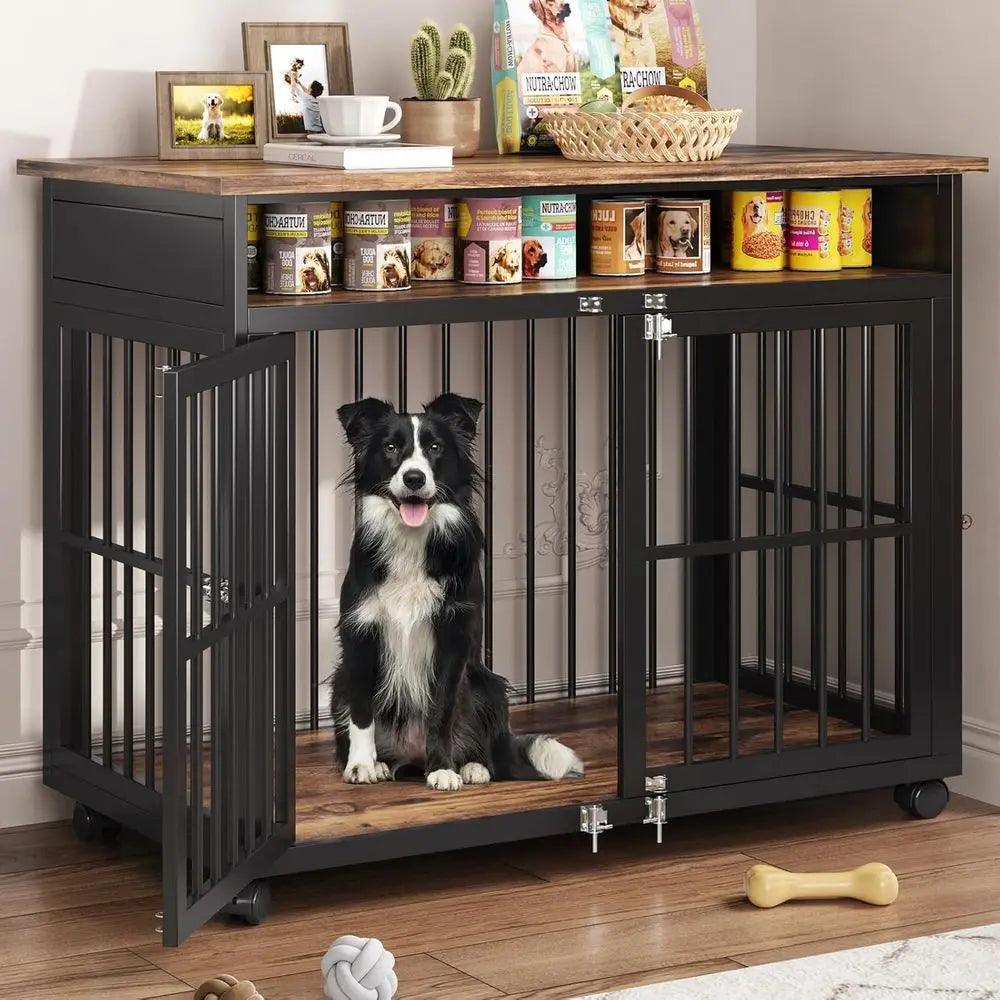 39.4" Dog Crate for Medium and Large Breed, Dog Kennel with Storage Shelf & Lockable Wheels, Heavy Duty Wood