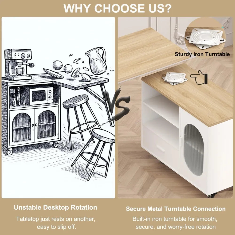 Modern White Rolling Kitchen Island with Swivel Table, Storage Cabinet, Drawers, and Shelves