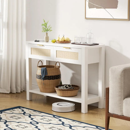 Narrow Console, Table with 2 Rattan Drawers & Open Shelf Storage Entryway, Living Room Hallway, White