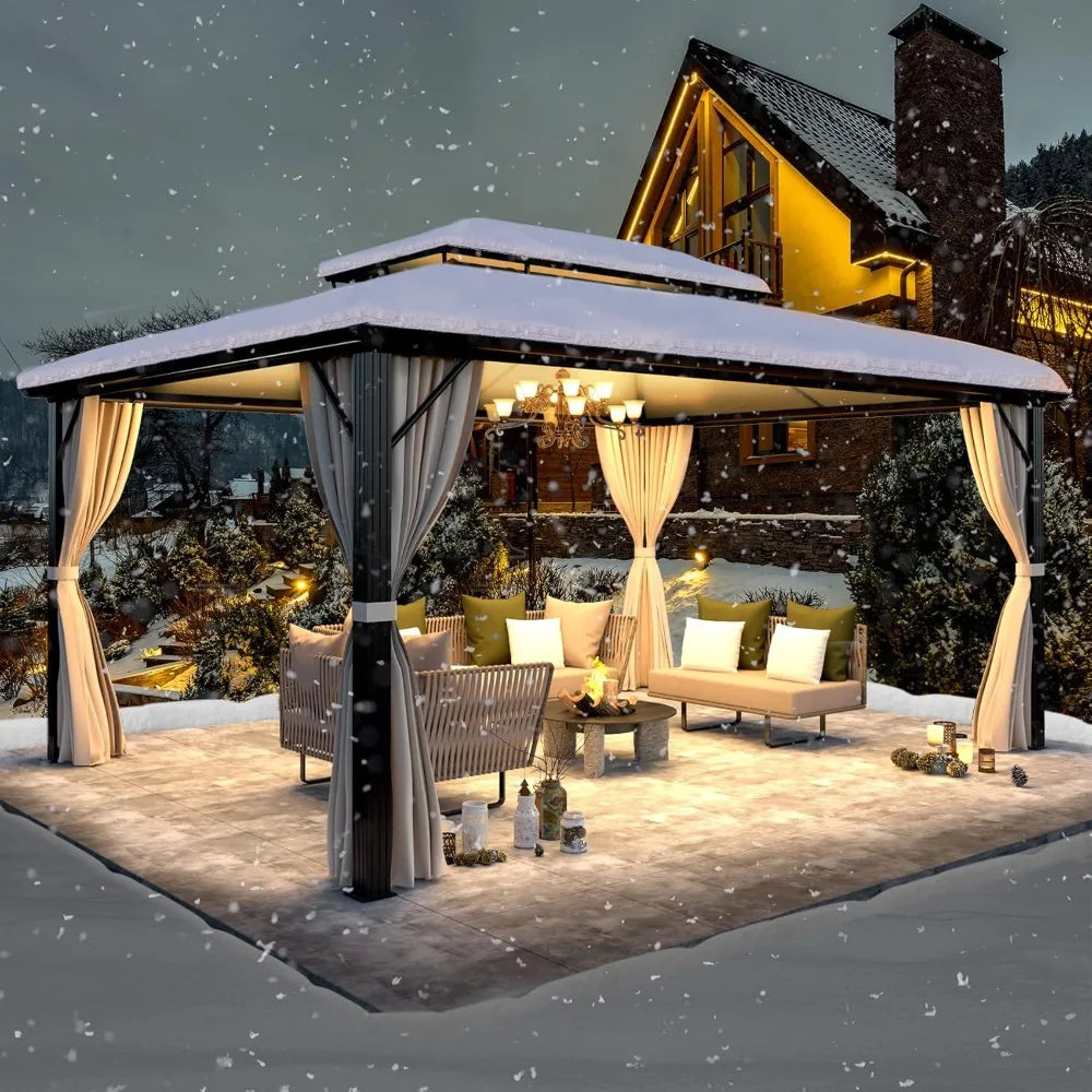 12x16ft Hardtop Gazebo, Double Roof Aluminum Frame with Curtains for Outdoor Patio Cover