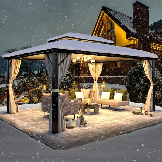 12x16ft Hardtop Gazebo, Double Roof Aluminum Frame with Curtains for Outdoor Patio Cover