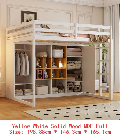Full-Size Wood Loft Bed with Wardrobe, Shelves, and Storage Cabinet, Gray and Pink