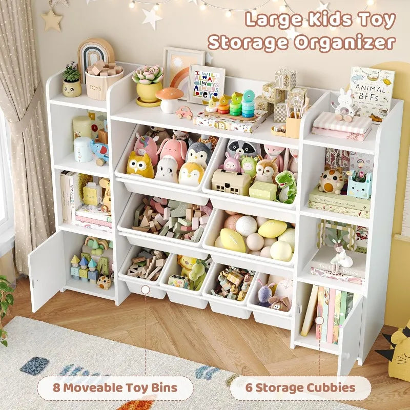 55''Large Toy Storage Organizer with 8 Toy Bins, with Shelf and 6 Storage Cubbies, Bookshelf