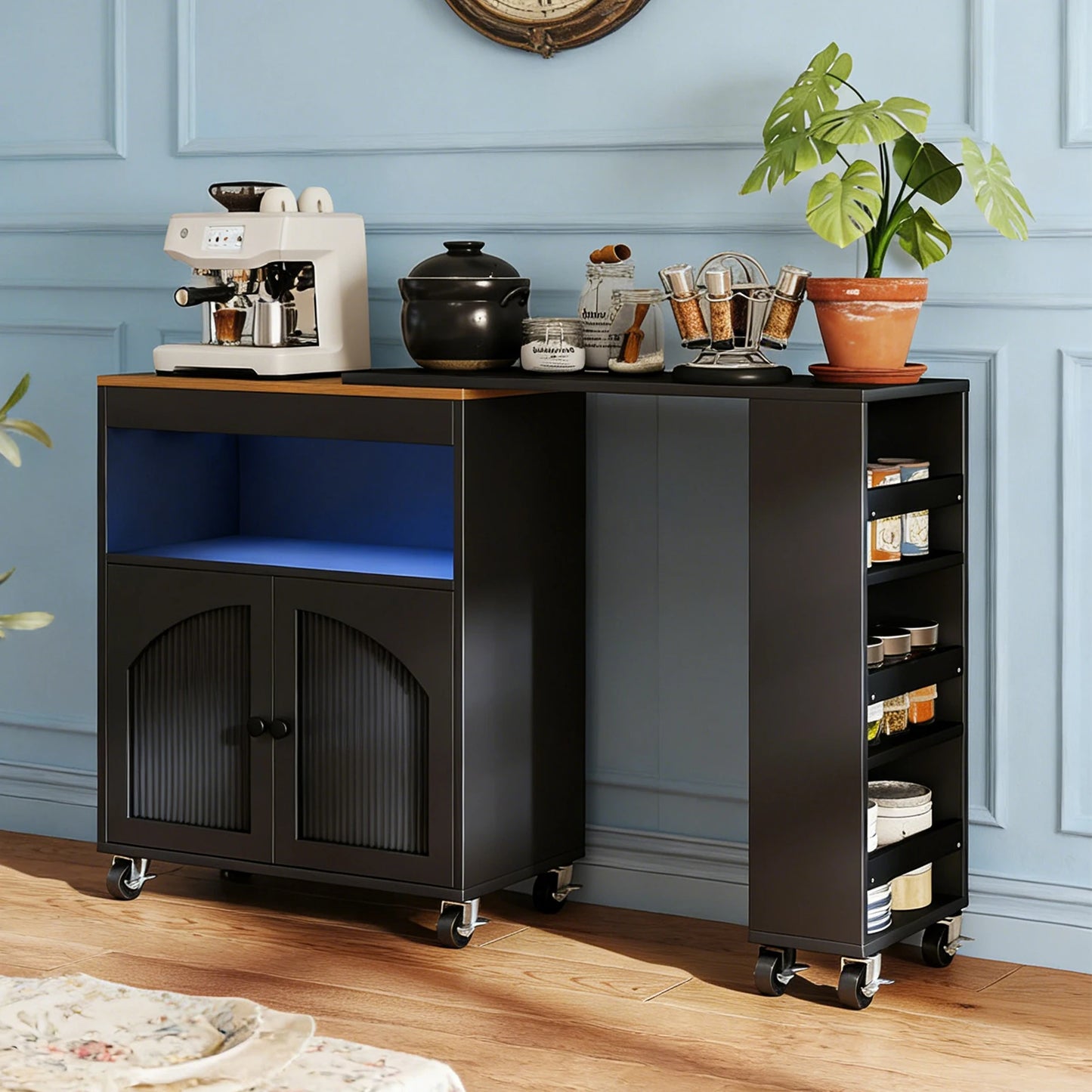 Island On Wheels with Extended Table,  Rolling Kitchen Storage Cart, LED Light Power Outlets, 2 Fluted Glass Doors