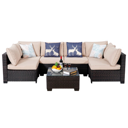 Outdoor Patio Furniture, 7 Piece Outdoor Sectional Sofa , Rattan Wicker Patio Conversation Sets with Thick Cushions
