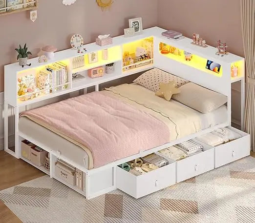 twin corner bed frame with bookcase storage & led light headboard, metal daybed with 3 drawers & 2 open cubbiies