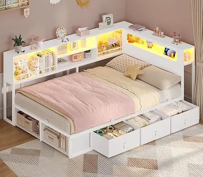 twin corner bed frame with bookcase storage & led light headboard, metal daybed with 3 drawers & 2 open cubbiies