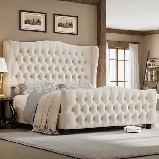 Full Size Platform Bed Frame with Tufted Wingback Headboard, Velvet Upholstered, No Box Spring Needed
