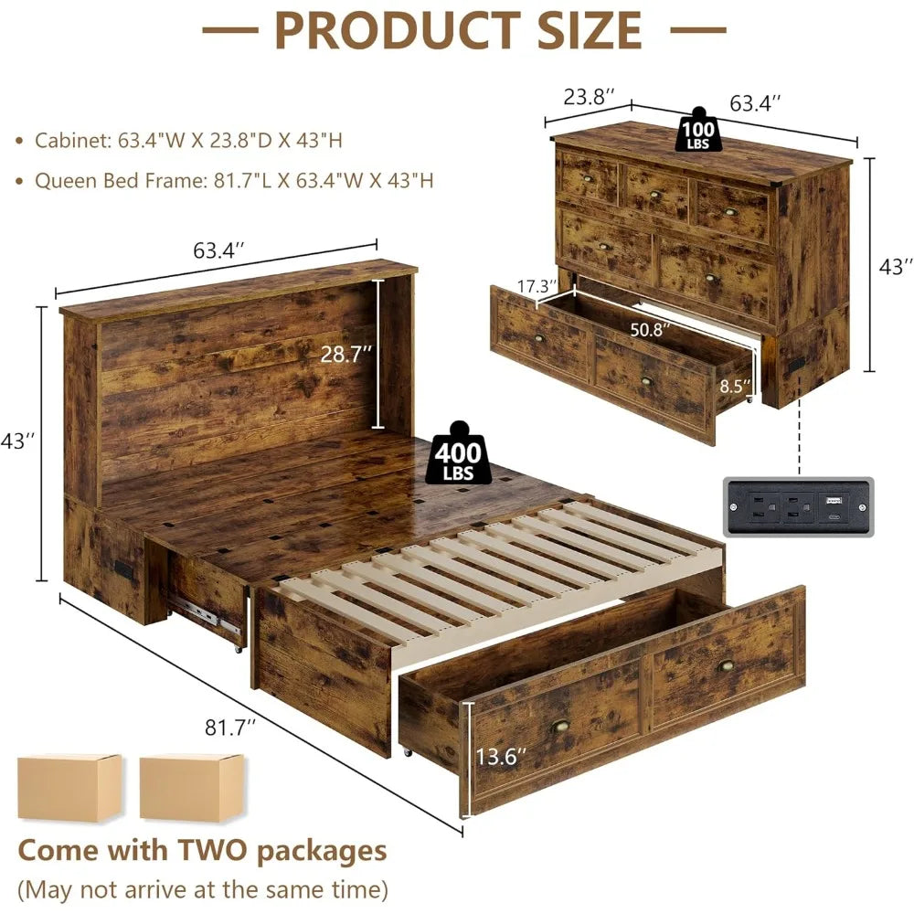 Queen Size Murphy Bed, Farmhouse Wooden Cabinet,  and Storage Drawer for Bedroom/Office/Guest Room