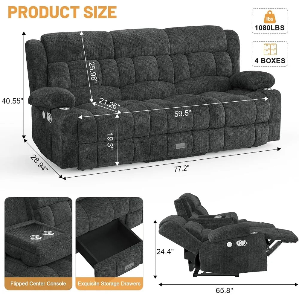 Loveseat, Recliner Sofa, Flip Middle Backrest Design,  with Storage Drawer, USB Ports & Cup Holders, Manual C