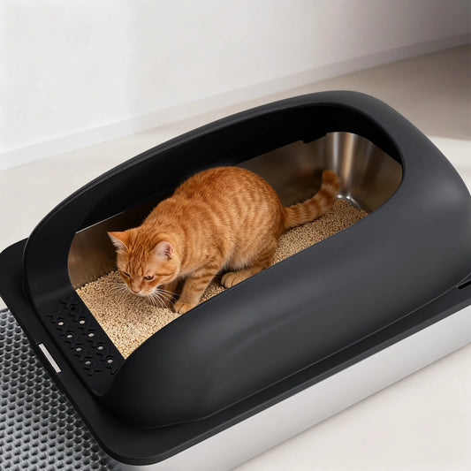 Stainless 24IN Steel Cat Litter Box with Lid, for Big Cats, Anti-Urine Leakage, Scoop and Mat Included