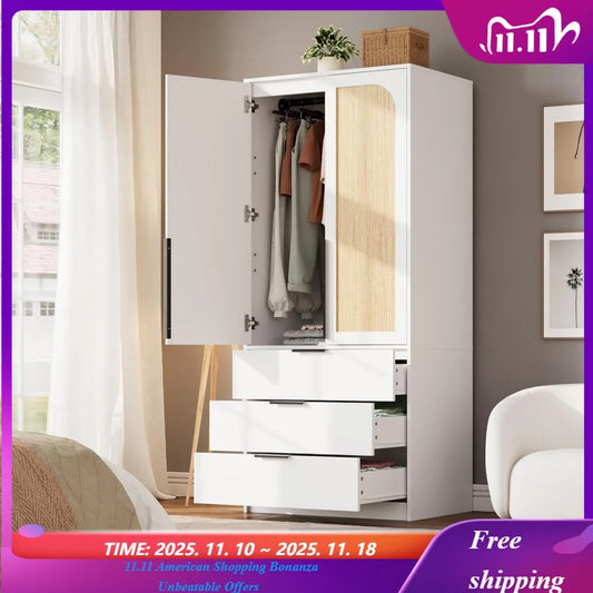 Rattan Armoire Wardrobe Closet with Drawers and Doors, Wooden Wardrobe Cabinets for Hanging Clothes,Heavy Duty