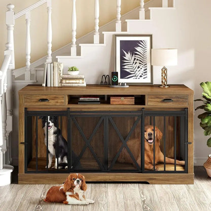 63 Inch Double Dog Crate TV Stand with Charging Station, Heavy Duty Wooden Cage Furniture for 2 Dogs
