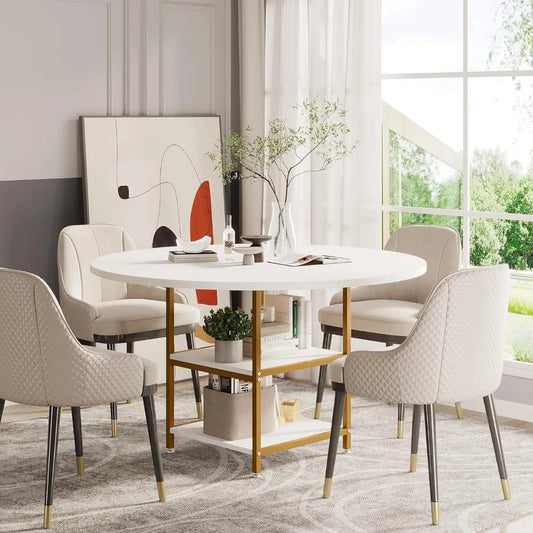 Round Dining Table for 4 People with 2-Tier Storage Shelves