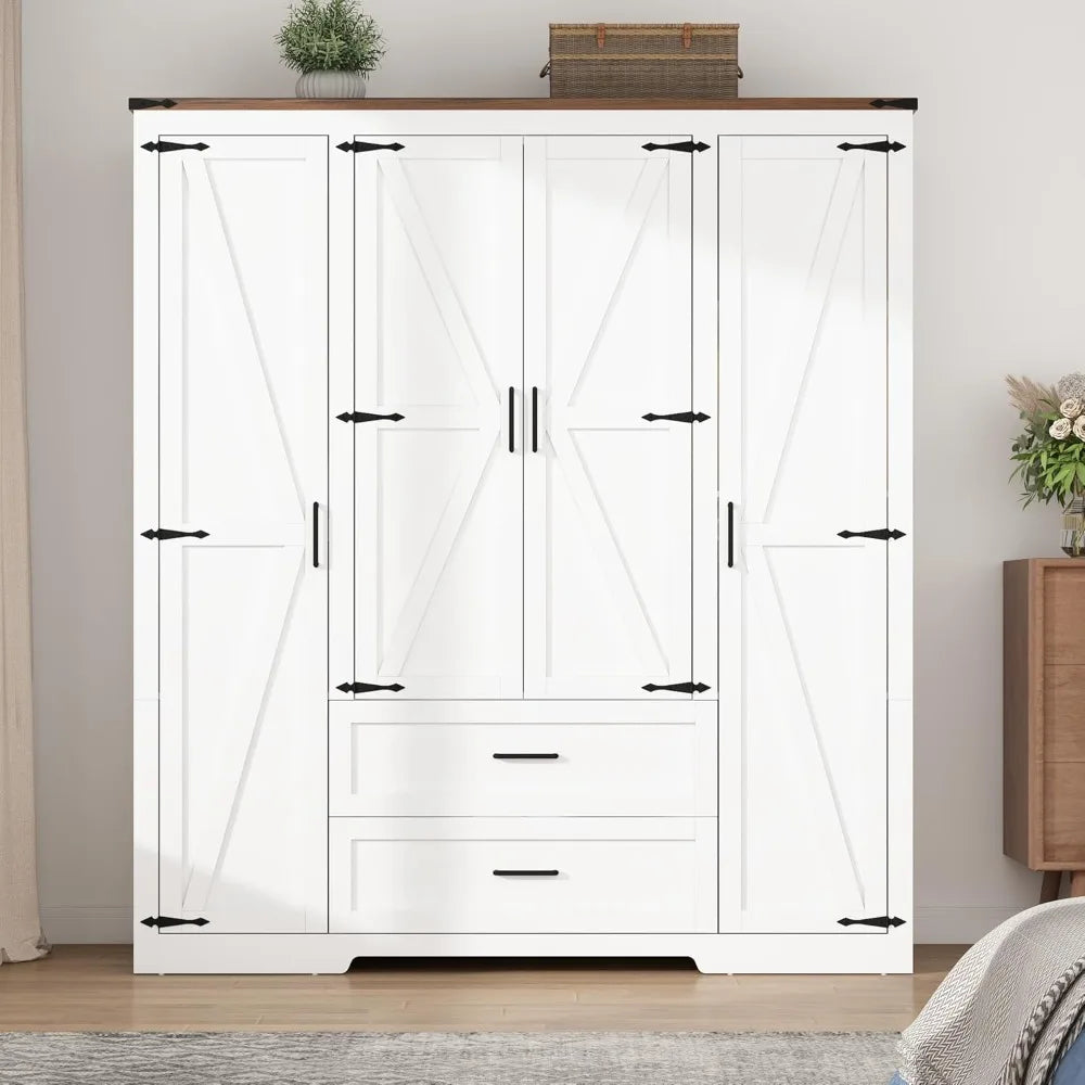 Wardrobe Armoire Closet with Doors and Drawers, Farmhouse Wooden Armoire Storage Cabinet with Shelves & Hanging Rod