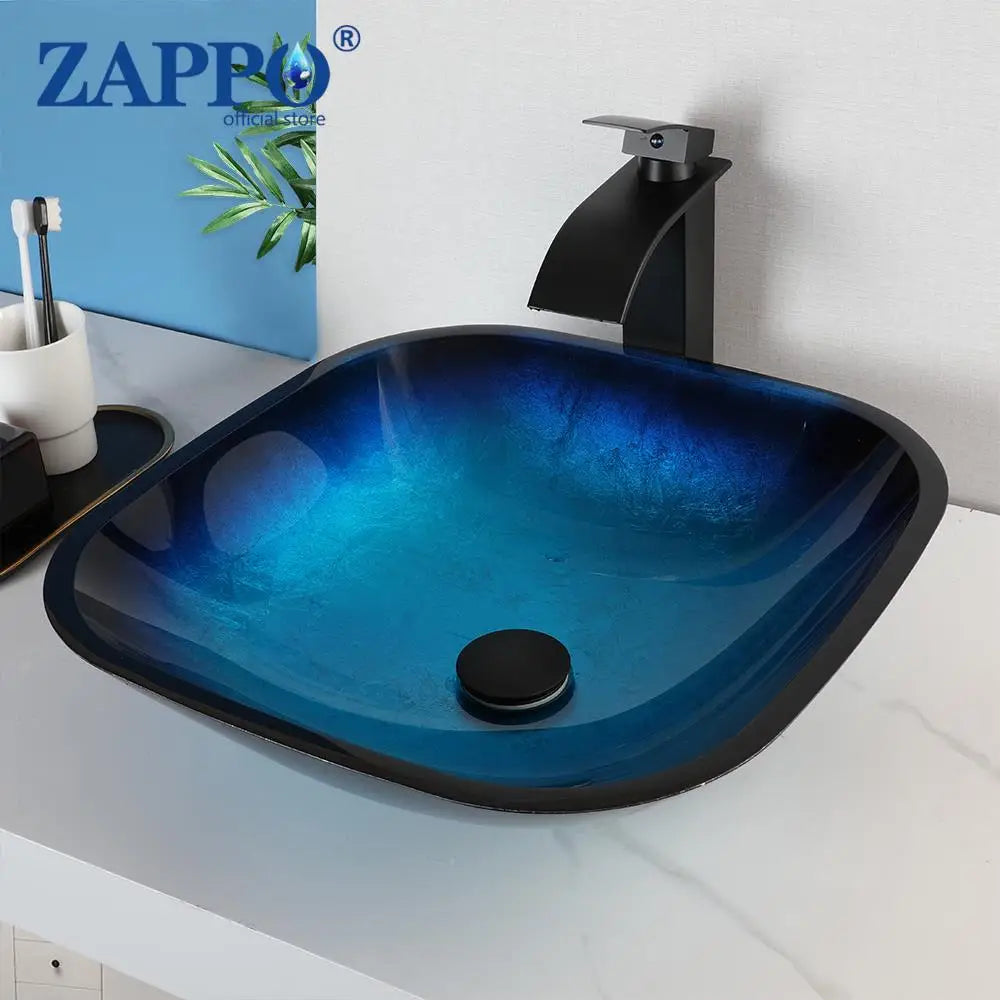 Tempered Above Counter Basin Glass Sink with Waterfall Faucet Tap