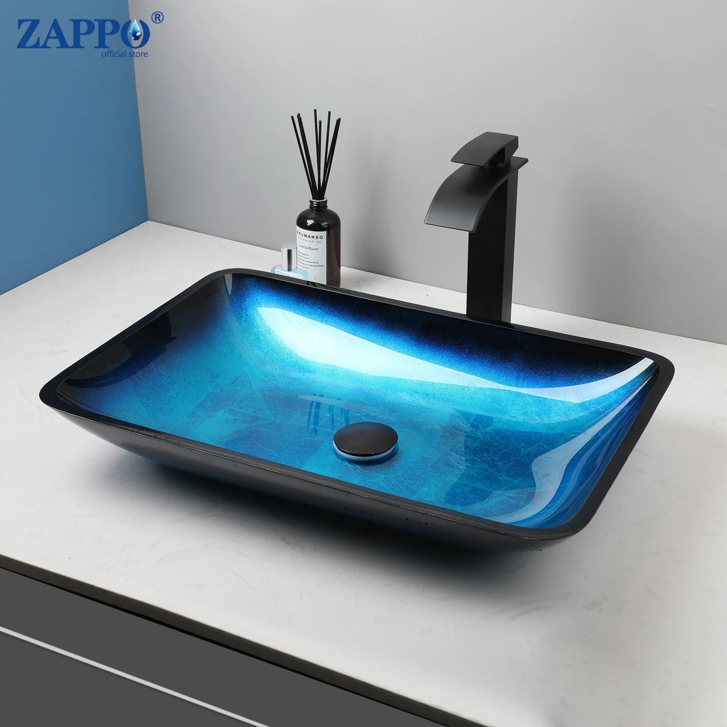 Tempered Above Counter Basin Glass Sink with Waterfall Faucet Tap