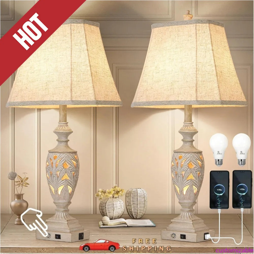 Touch Control, Traditional Table or bedside Lamp Set of 2,Vintage   Lamps with Dual USB, Ports,3-Way