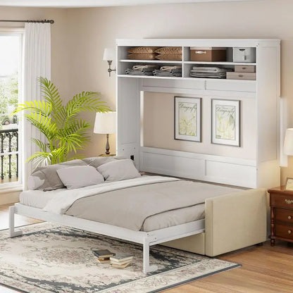 Queen Size Murphy Bed with Sofa, White Wall Bed