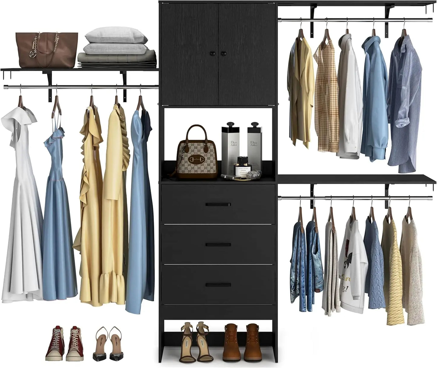 96 Inches Walk In Closet System with Doors & 3 Shelving Towers, Heavy Duty Clothes Garment Rack with 3 Wood Drawers