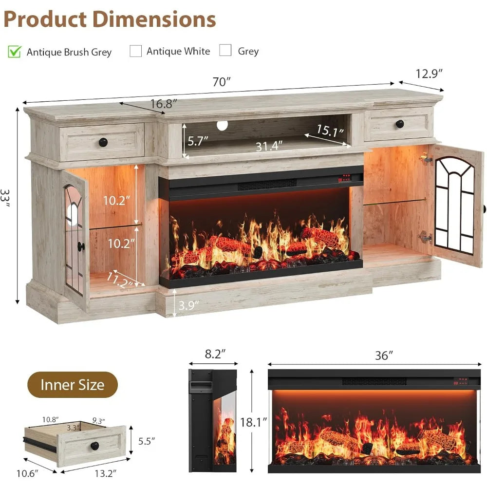 70" Farmhouse Fireplace TV Stand for TVs up to 80", Entertainment Center with 36" 3-Side Glass Electric Fireplace