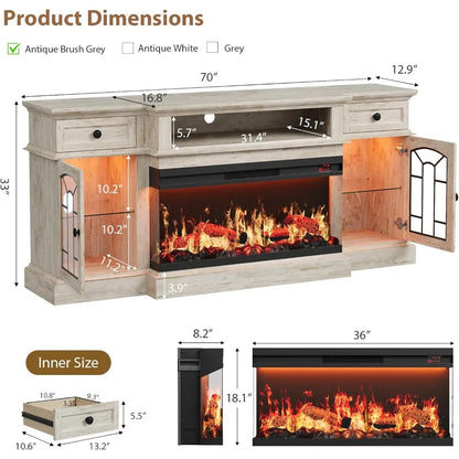 70" Farmhouse Fireplace TV Stand for TVs up to 80", Entertainment Center with 36" 3-Side Glass Electric Fireplace