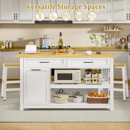 Stationary Kitchen Island with 2 Bar Stools & Power Outlet, 47" Solid Rubberwood Top Farmhouse Coffee Bar with Trash Can Cabinet