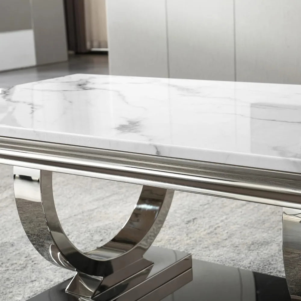 Marble Coffee Table, White and Silver with U-Shape Stainless Steel Base with Silver Mirrored Finish