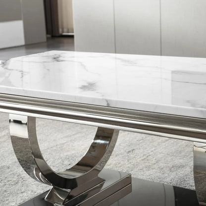 Marble Coffee Table, White and Silver with U-Shape Stainless Steel Base with Silver Mirrored Finish