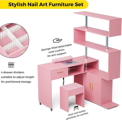 L-Shaped Nail Desk with Dust Collector, Rotating Workstation, Storage Shelves & Stool (Pink)