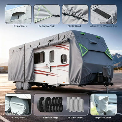 7 Layers Waterproof Camper Cover with Tongue Jack Cover, Windproof Travel Trailer Cover with Gutter Cover, Fit for 27-30ft