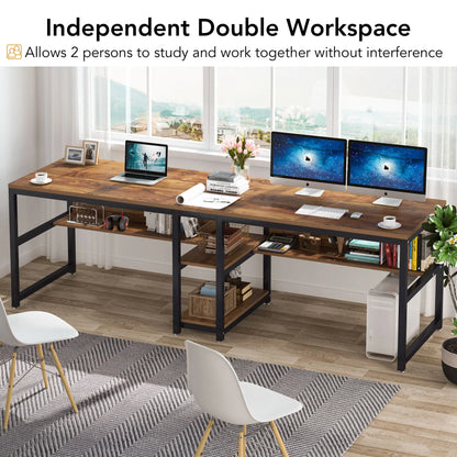 Two Person Desk with Bookshelf,  Computer Office Double Desk for Two Person, Rustic Writing Desk Workstation