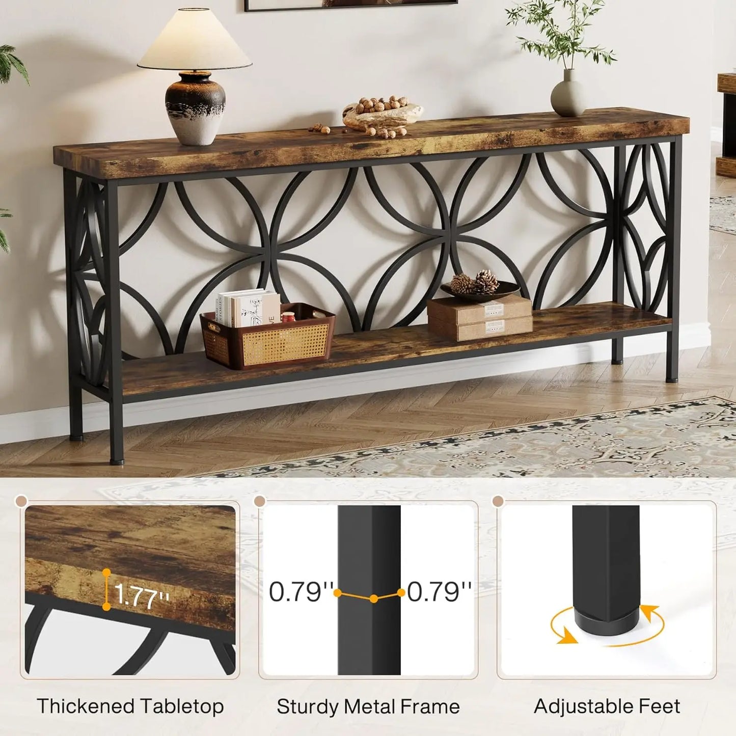 70.9" Narrow 2-Tier Industrial Console Sofa Table with Storage for Entryway Living Room Hallway