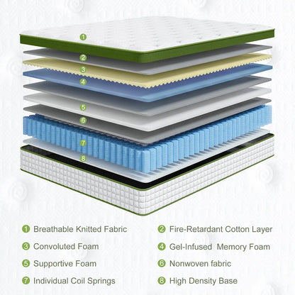 12'' Full/King/Queen Size Mattress, Hybrid Mattress, Gel Memory Foam & Pocket Springs for Pressure Relief & Support