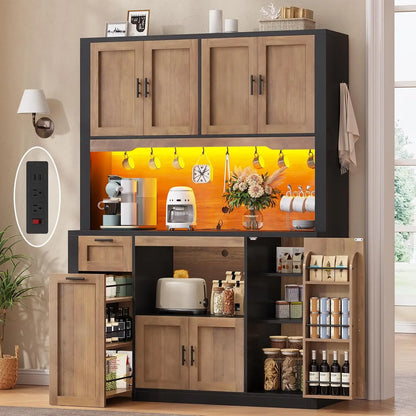 71" Pantry Cabinet with Charging Station and LED Light, Kitchen Pantry Cabinet with Microwave Stand, 47.2" Wide,
