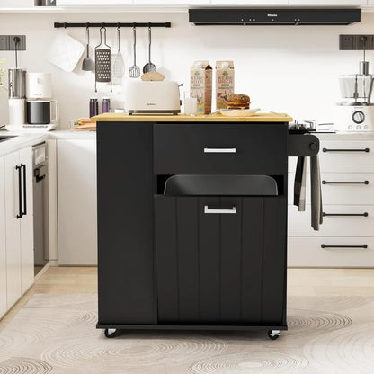 Rolling Kitchen Island with Trash Can Storage, Portable Cart on Wheels, Towel & Spice Rack, Black
