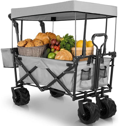 Collapsible Garden Cart Wagon with Removable Canopy,  Push& Pull  Wagon Off-road wheel