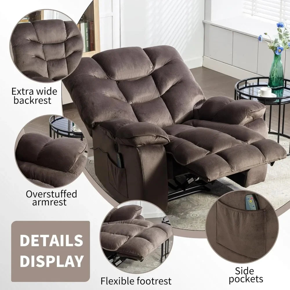 "spacious electric recliners with massage and heating, 41" wide recliner with power functions and usb port, ventilated cover"