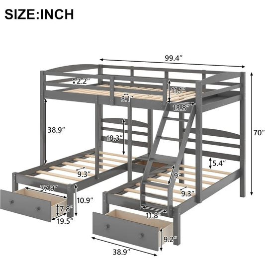 Triple Bunk Bed Full Over 2 Twin Bunk Bed with 3 Drawers and Guardrails, No Box Spring Needed