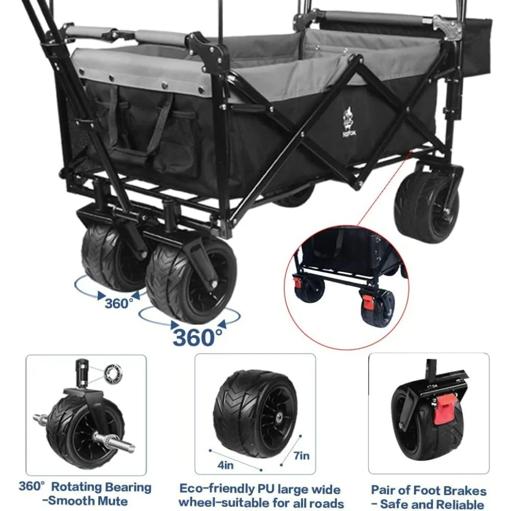 Heavy-Duty Collapsible Folding Wagon with Removable Cover, 4 Large All-Terrain Wheels, Brake, and Adjustable Handle