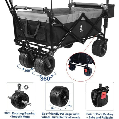 Heavy-Duty Collapsible Folding Wagon with Removable Cover, 4 Large All-Terrain Wheels, Brake, and Adjustable Handle