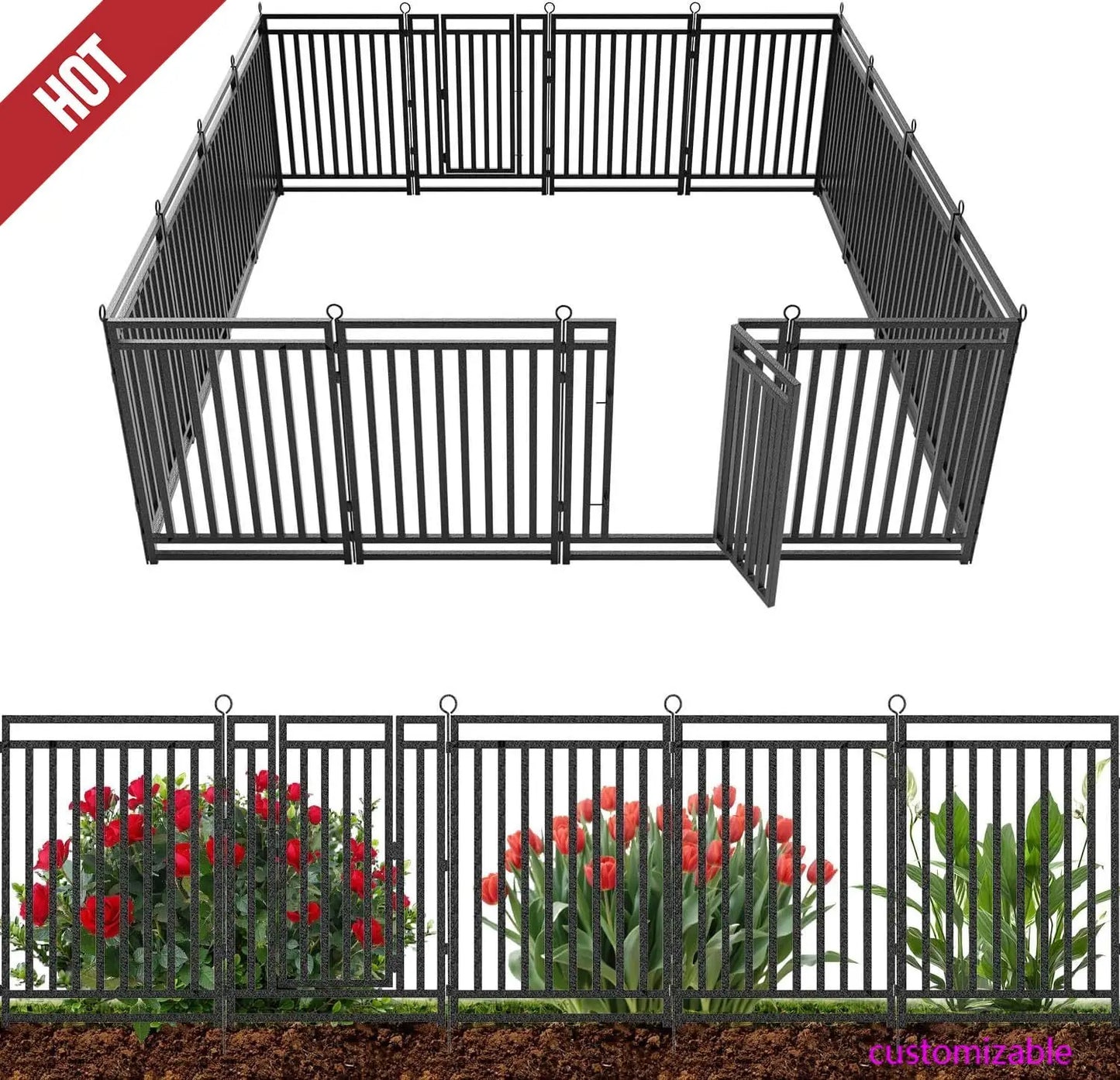 NEW Decorative Garden Fence, Metal Dog Fence, Outdoor for Yard, 36ft (L) × 40in (H), 14 Panels + 2 Gates,Black-Silver