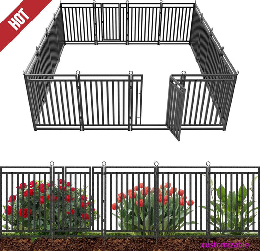 NEW Decorative Garden Fence, Metal Dog Fence, Outdoor for Yard, 36ft (L) × 40in (H), 14 Panels + 2 Gates,Black-Silver