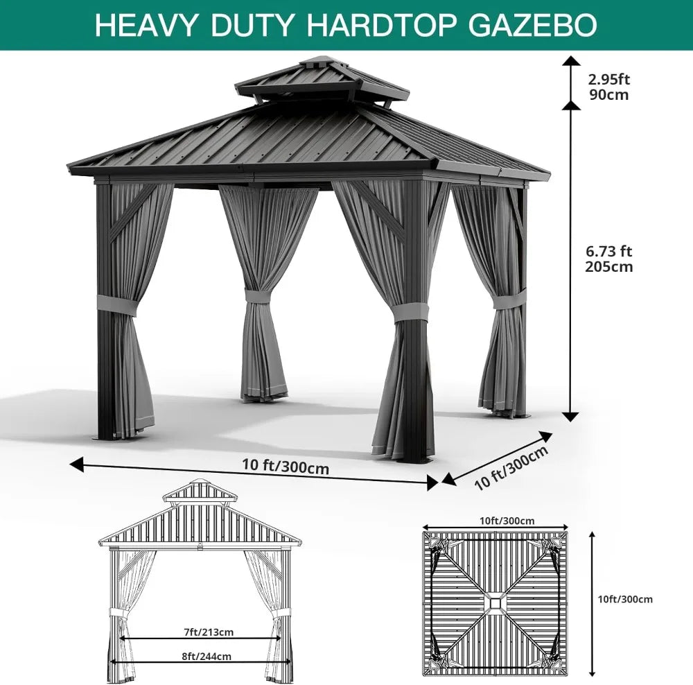 10x10 FT Heavy Duty Aluminum Hardtop Gazebo with Curtains & Netting, Weatherproof Outdoor Pavilion for Garden (Gray)