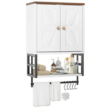Farmhouse, Medicine Cabinet,  Wall Mounted Storage Organizer with Adjustable Shelves, Towel Bar, 5 Hooks for Small Bathroom,