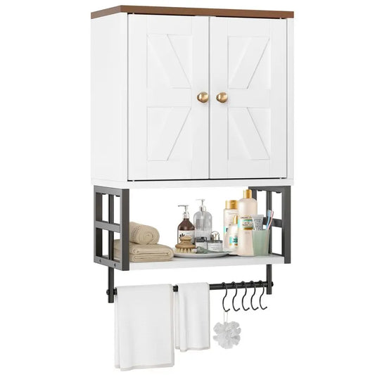 Farmhouse, Medicine Cabinet,  Wall Mounted Storage Organizer with Adjustable Shelves, Towel Bar, 5 Hooks for Small Bathroom,
